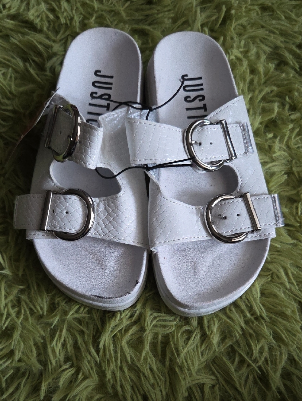 Justice White Girls' Double Buckle Slide Sandals with Silver Hardware